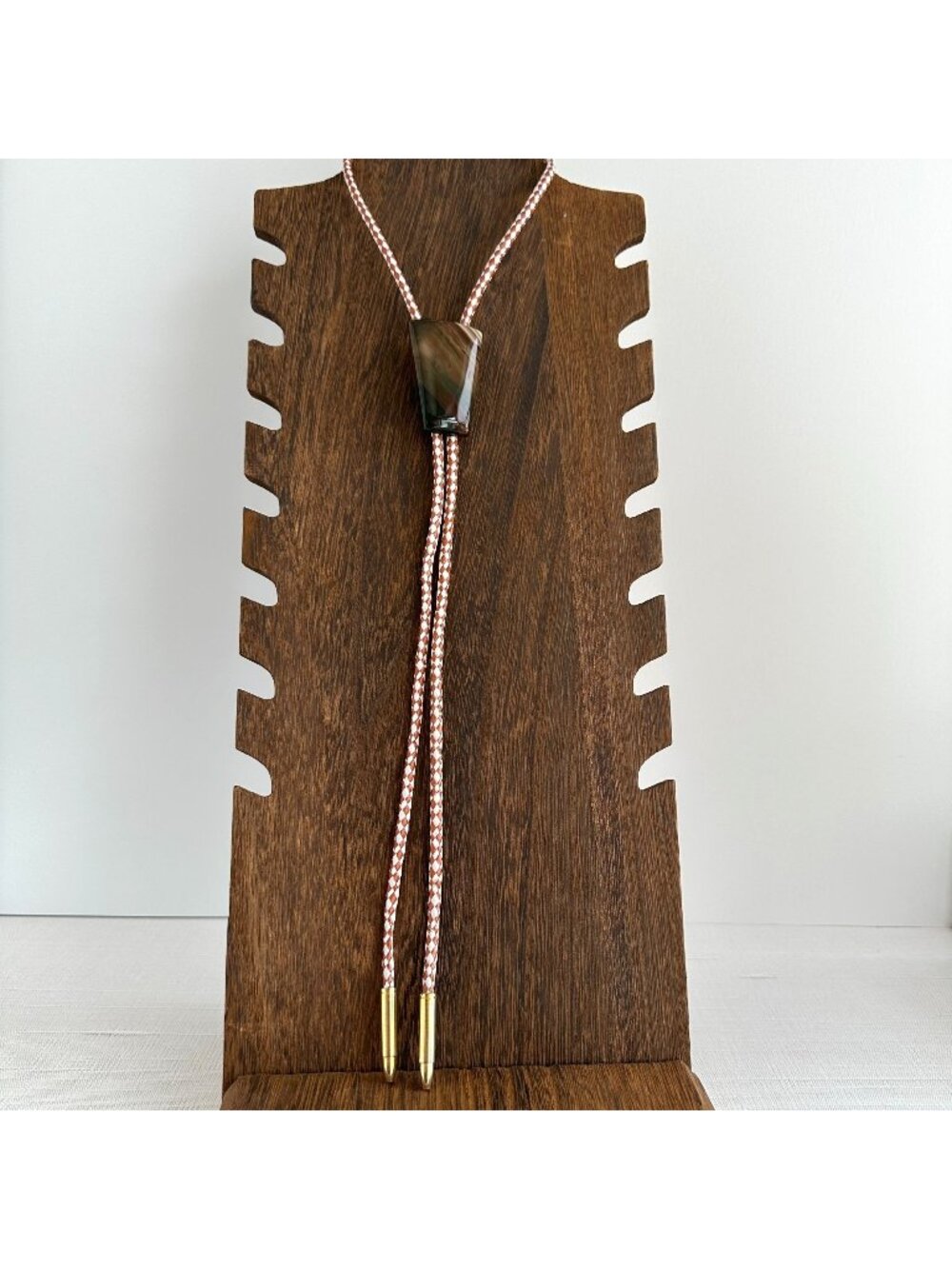 Picture Jasper Bolo Tie Brown Braided Cord Gold Tone Tips 1970s